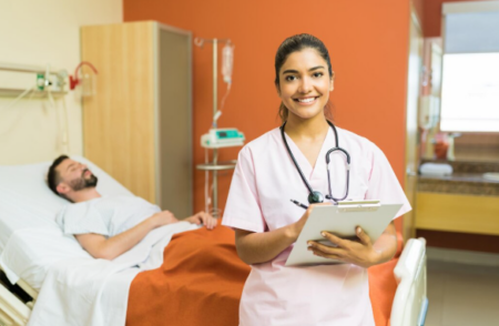 Nursing student studying clinical skills in hospital training environment preparing for RN licensure exam.