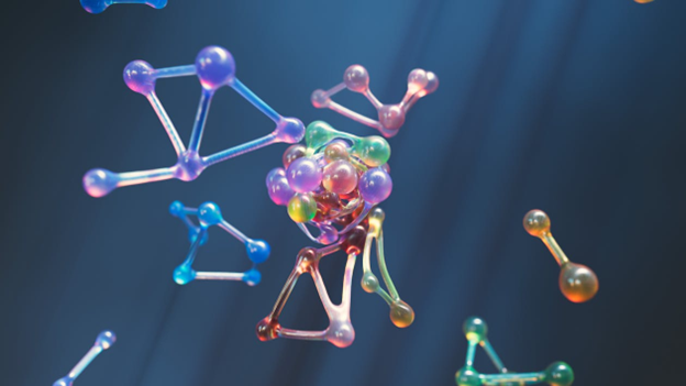 Illustration of peptide molecules interacting with cells to regulate metabolism and immune response.