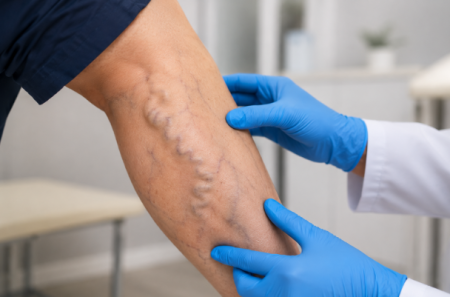 Close-up of varicose veins on a person's leg showing visible swollen veins and venous insufficiency symptoms